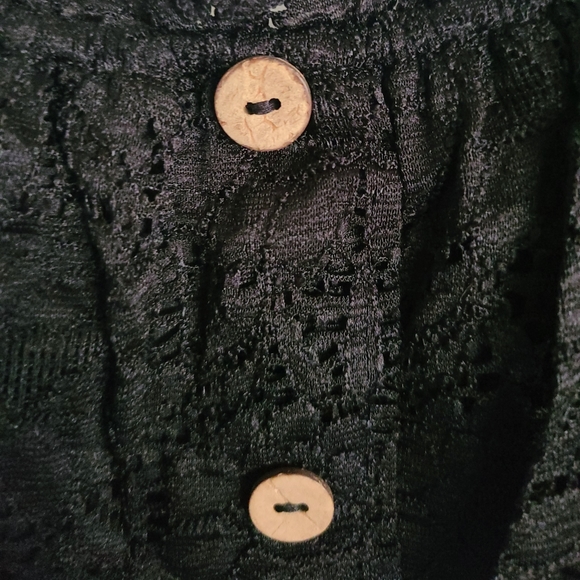 Black Women's blouse, short sleeve shirt, faux wooden buttons, lacey sleeves - Picture 3 of 4